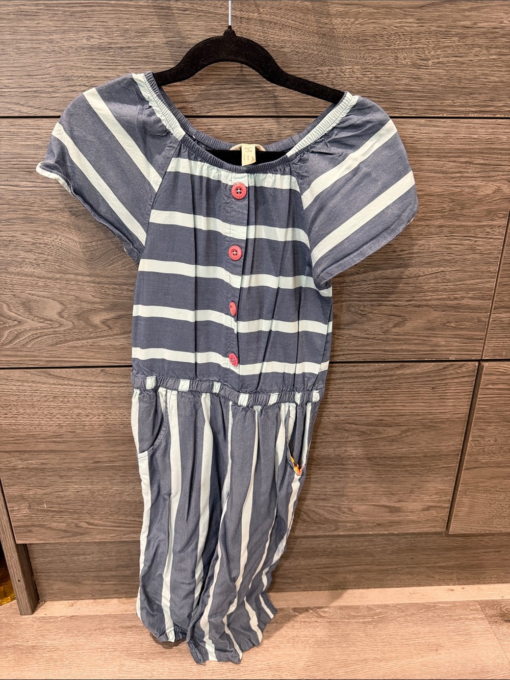 Striped Navy and White Short-Sleeve Jumpsuit with Pink Buttons Cropped Length